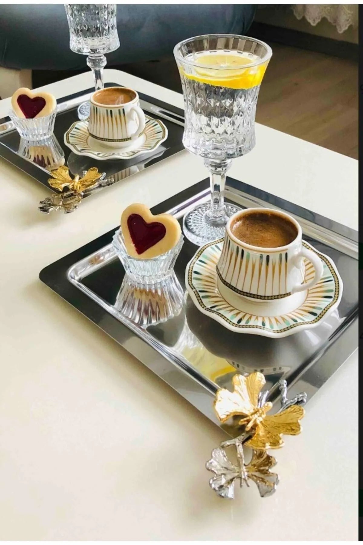6'lı Paslanmaz Çelik Kare Lüks Sunum Tepsisi Kelebek Aksesuarlı